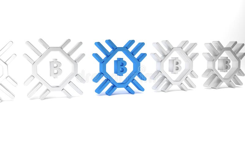 Blått cpu-gruvgårdsikon isolerat på vit bakgrund. bitmyntsignatur inuti processor. kryptovalutautvinningsgrupp royaltyfri illustrationer