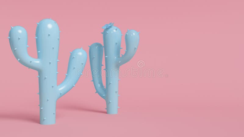 Blått kaktuarium par på rosa bakgrund. Minimalistisk pastellfärgdesign 3d-rendering. royaltyfri illustrationer