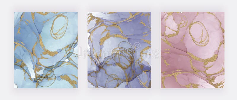 Blått, lila och rosa alkoholbläck med guldsnörtextur Bakgrunder till abstrakt handmålad vattenfärg