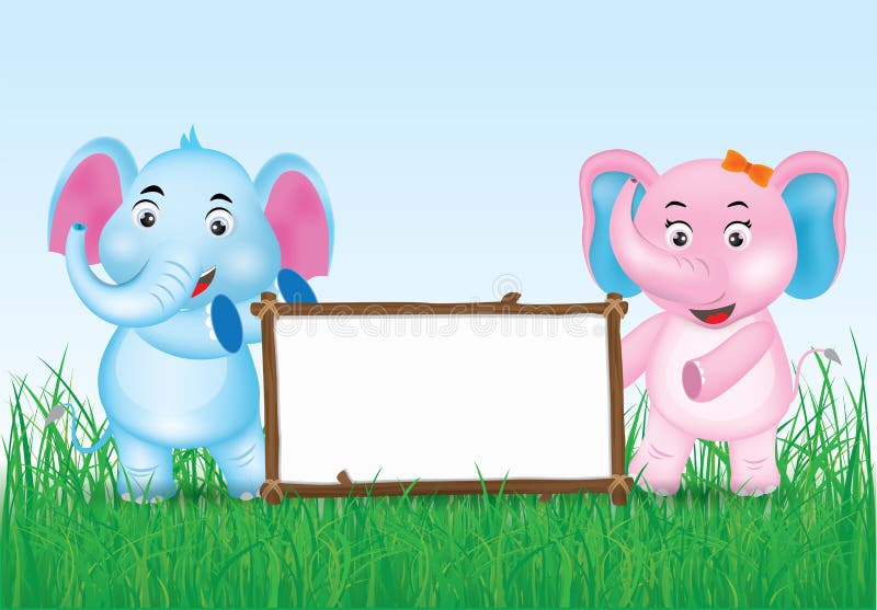 Blått och rosa gullig elefanttecknad film med det tomma brädet vektor illustrationer Blått och rosa gullig elefanttecknad film med det tomma brädet vektor illustrationer