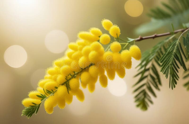 Blödning av mimosa på beigepink-bakgrund med bokek. vacker, ömtålig blåsblomma gul vårblomma vektor illustrationer