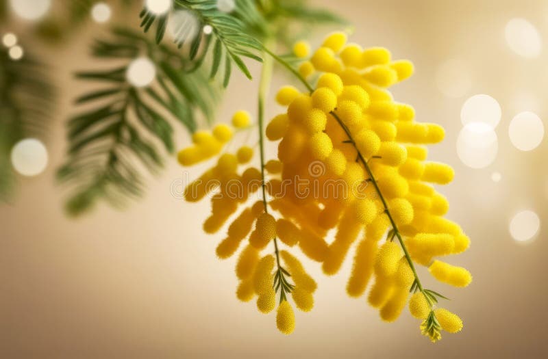 Blödning av mimosa på beigepink-bakgrund med bokek. vacker, ömtålig, gul vårblomma vektor illustrationer