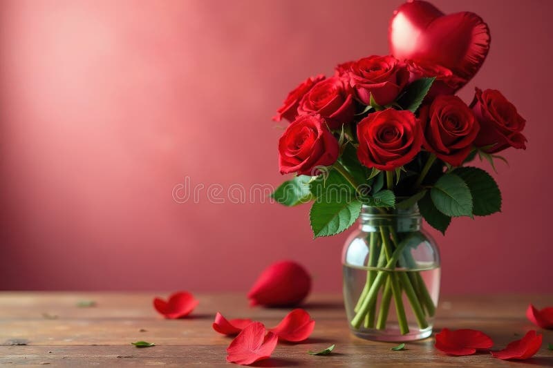 Blök av röd roses bouquet Red eart balloon shindown back woodblomma stock illustrationer