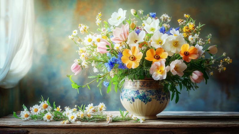 Blötblommor i antikvas på trätbord av rostfritt trä. ai generative stock illustrationer