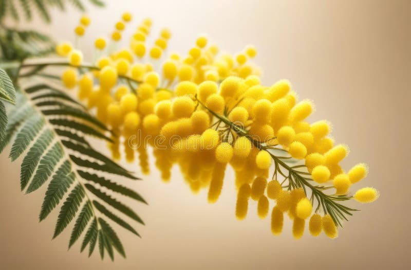 Blötmimosasprit på beigepink-bakgrund. vacker, ömtålig, gul vårblomma stock illustrationer