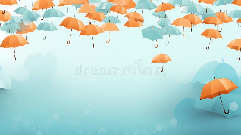 Blühende Regenschirme in Orange und Blau in einem traumhaften Himmel mit zarten weißen Blumen stock abbildung