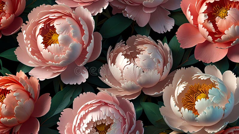 Blütezeit von Bauern. Schließung mehrerer rosa und pfirsichfarbener Pfannenbäume