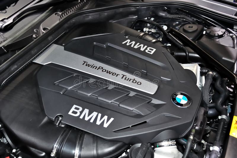 BMW engine cover on IAA Frankfurt 2011. Car shown at the 64th Internationale Automobil Ausstellung (IAA) on September 18, 2011 in Frankfurt, Germany royalty free stock photography