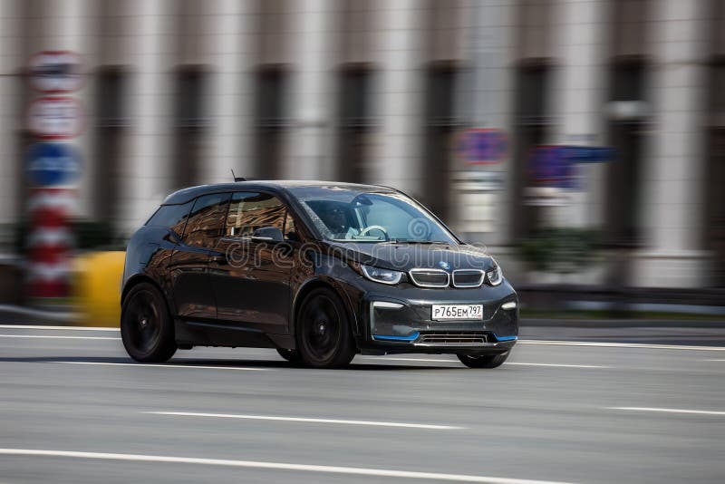 Moscow, Russia - 26 September 2023: BMW i3 electric car drives down the street, front side view