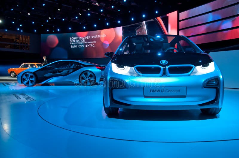 FRANKFURT - SEP 25: BMW i3 and i8 Concept Cars shown at the 64th Internationale Automobil Ausstellung (IAA) on September 25, 2011 in Frankfurt, Germany.