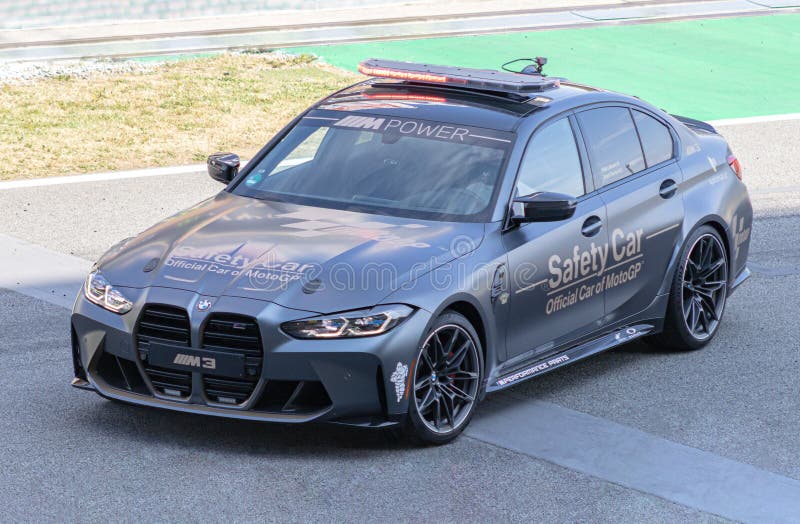 MONTMELLO, SPAIN-JUNE 6, 2021: 2021 BMW M3 Competition Sedan G80 Official Safety Car of MotoGP, last generation BMW M3 with the BMW S58 turbocharged straight-six engine