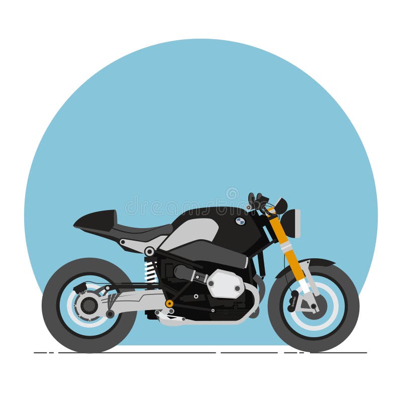 BMW R för kaféracerbil för nio T stil för lägenhet för tecknad film stock illustrationer BMW R för kaféracerbil för nio T stil för lägenhet för tecknad film stock illustrationer