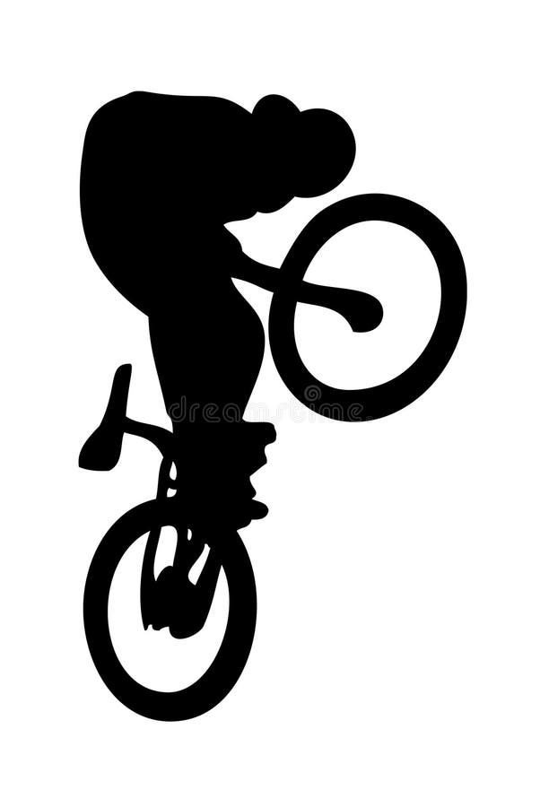 Side view of silhouetted rider on BMX bike performing trick with bicycle vertical, isolated on white background. Side view of silhouetted rider on BMX bike performing trick with bicycle vertical, isolated on white background.