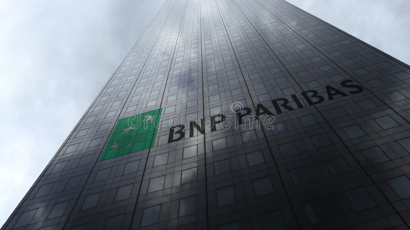 BNP Paribas logo on a skyscraper facade reflecting clouds. Editorial 3D rendering