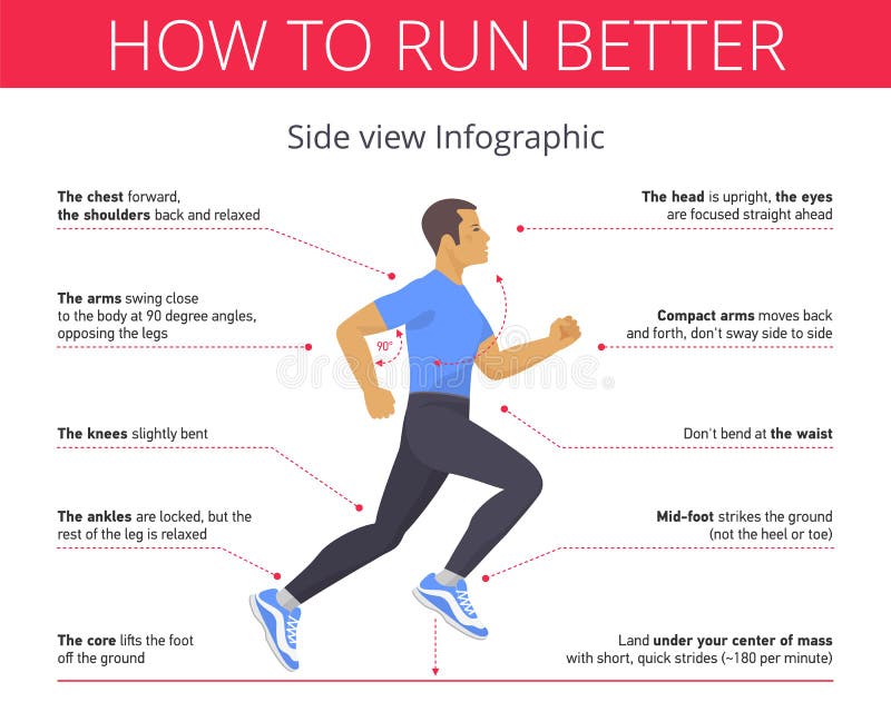 The correct technique and right pose of running. Vector flat illustration. Young man in the tights and shirt is running with good run posture. Sport, jogging, fitness infographic. Isolated on white. The correct technique and right pose of running. Vector flat illustration. Young man in the tights and shirt is running with good run posture. Sport, jogging, fitness infographic. Isolated on white.