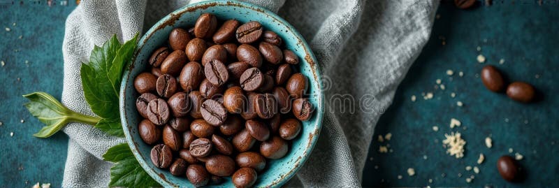 Boabe de cafea aromată în bol de teal rustic pe suprafață texturată cu frunze proaspete stock images