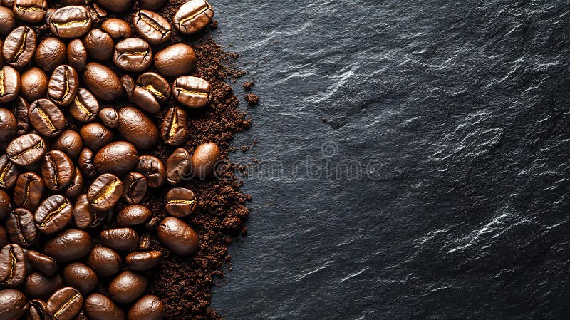 Boabe de cafea prăjită și cafea măcinată pe placă de piatră cu textură închisă aromă de mic dejun de fond cofeină energie băutură royalty free illustration