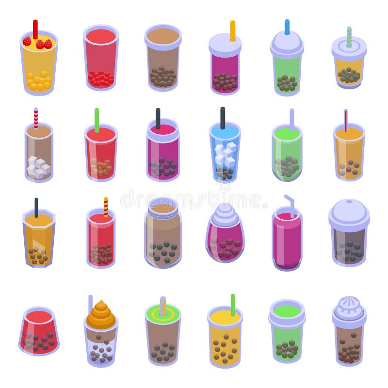 Boba iconenset, isometrische vector. Bubble cup royalty-vrije stock afbeelding