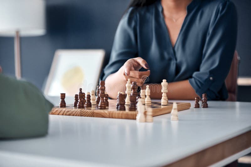 Board game, chess or business hands in office for thinking, planning or movement strategy. Work, partnership or friends royalty free stock image