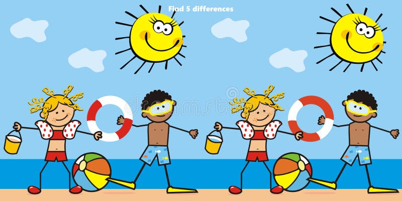 Board game, little kids, beach, vector illustration. Find five differences, board game for children, little boy and girl on beach, vector illustration royalty free illustration Board game, little kids, beach, vector illustration. Find five differences, board game for children, little boy and girl on beach, vector illustration royalty free illustration
