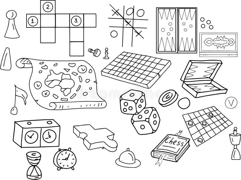 Board games doodle set. Checkers, chess, cards, backgammon in