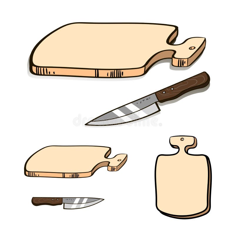 Kitchen Knife And Cutting Board Sketch. Hand Drawing Isolated Vector