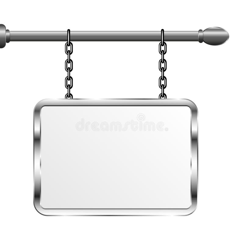 Board in a Metal Frame Hanging on Chains. Silver Signboard. Isolated