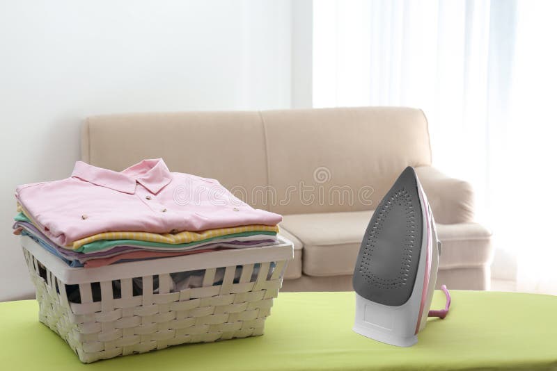 Board with Modern Iron and Laundry Basket Stock Image Image of