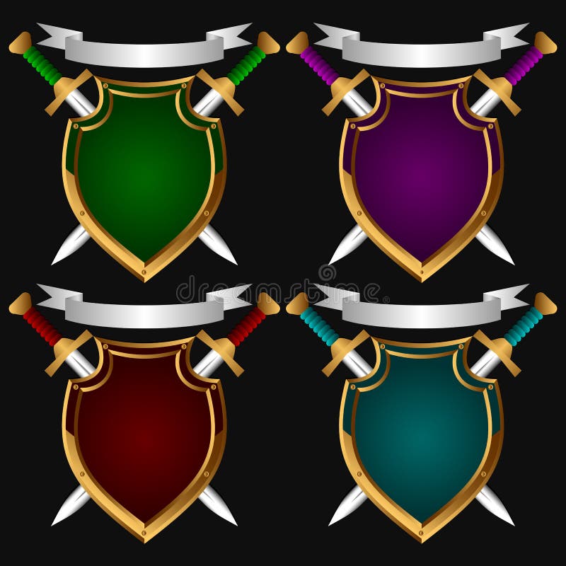 Board on a black background. Behind it two swords. Set. Bulat vectors