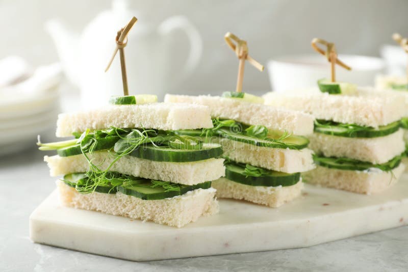 Board with Traditional English Cucumber Sandwiches Stock Photo Image