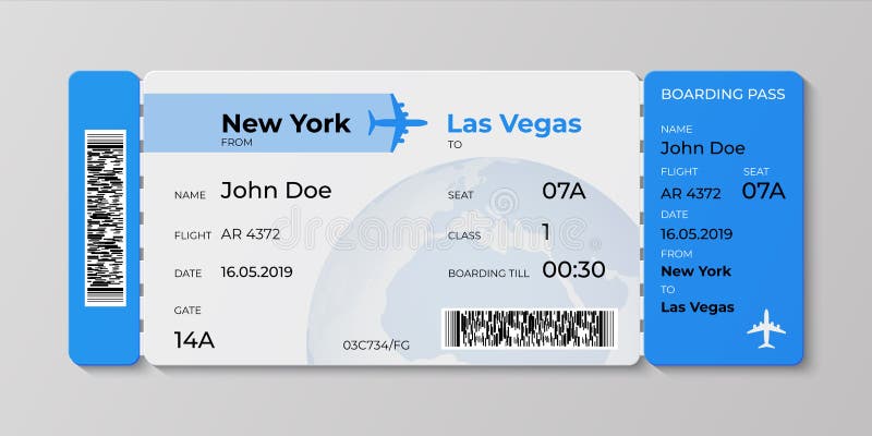 Boarding ticket. Airplane flight pass mockup, plane travel invitation card. Vector realistic concept of ticket illustration for departures airlines business trip. Boarding ticket. Airplane flight pass mockup, plane travel invitation card. Vector realistic concept of ticket illustration for departures airlines business trip