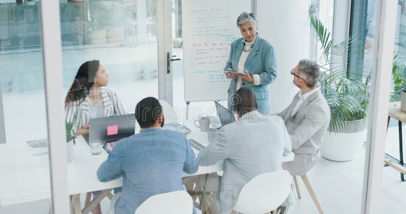 Boardroom, tablet and businesswoman with whiteboard for presentation, investment update and future goals. Glass office stock photos