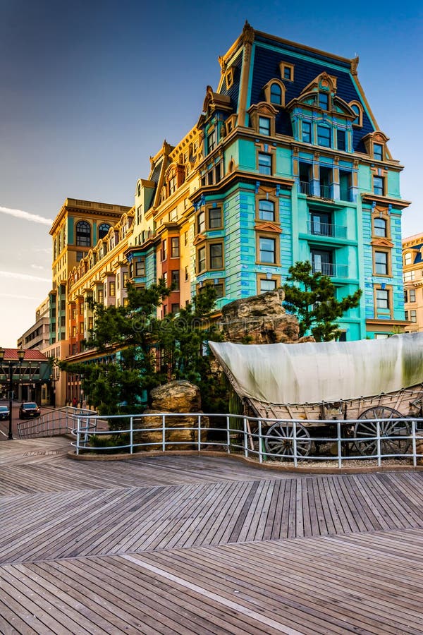 The Boardwalk and Buildings in Atlantic City, New Jersey. Stock Photo