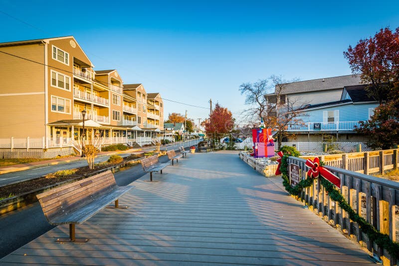 Boardwalk and Houses in North Beach, Maryland. Stock Photo Image of