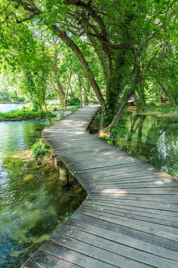 Boardwalk over freshwater pools at Krka national park stock photo Boardwalk over freshwater pools at Krka national park stock photo