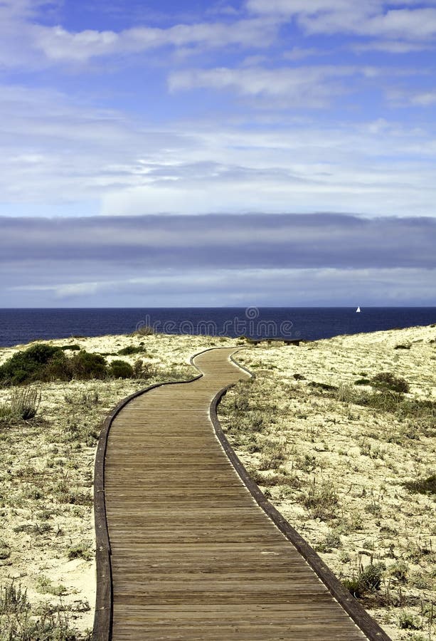 Boardwalk over sand dunes with blue sky and clouds