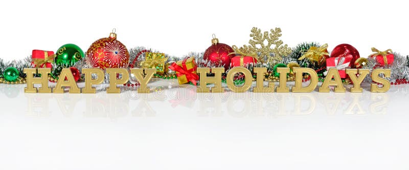 Boas festas texto e decorações dourados do Natal imagem de stock Boas festas texto e decorações dourados do Natal imagem de stock