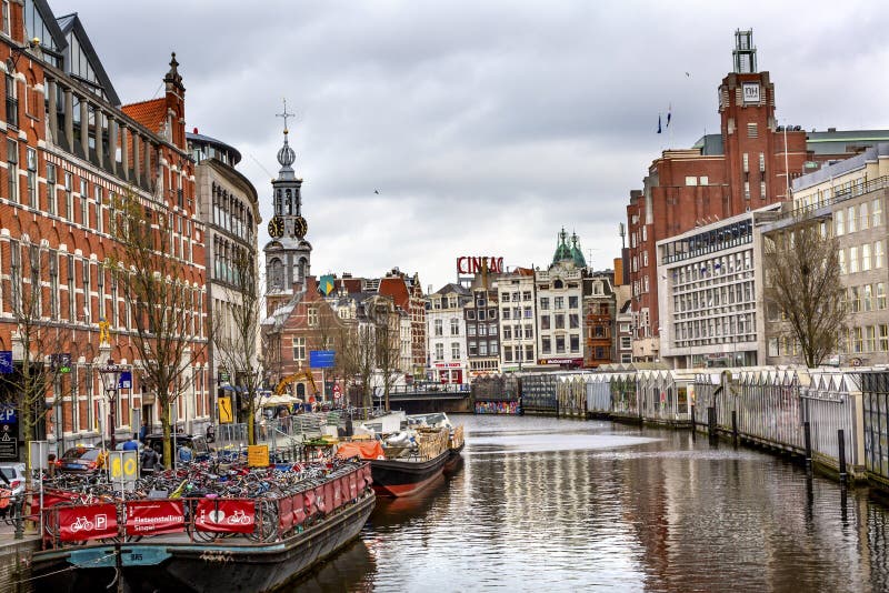 Boat Bicycle Parking Munttoren Singel Canal Amsterdam Netherlands ...