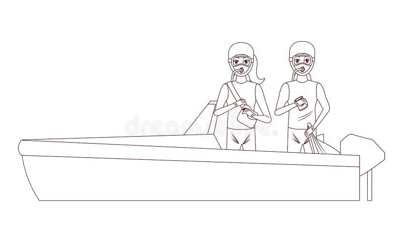 Boat boarding with two person in black and white stock illustration