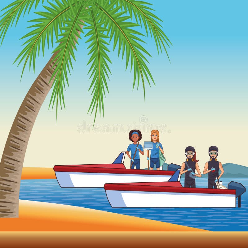 Boat boarding with two person stock illustration
