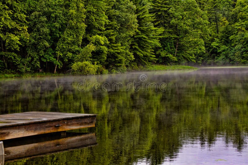Boat Dock on Misty Pond Illustration vector illustration