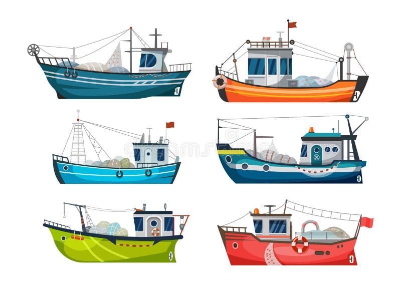 Boat, fishing ship or fisher trawler, fish catch