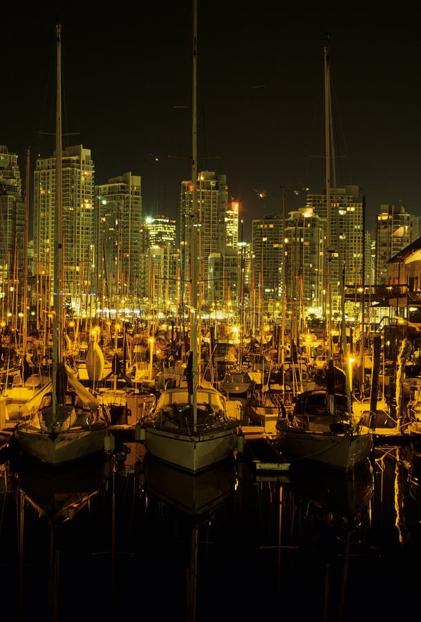 Marina on the east side of Charleson Park with skyscrapers of downtown across False Creek- Vancouver (British Columbia), Canada. Vancouver skyscraper stock images, royalty-free photos and pictures