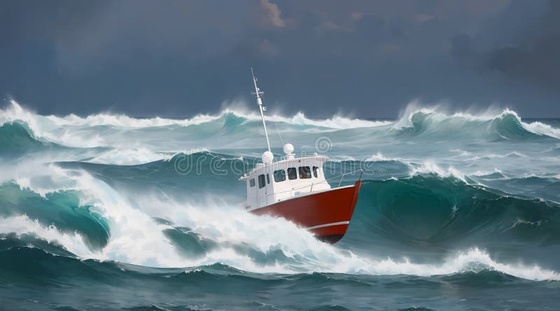 Boat among High Waves in the Sea. Generative AI Stock Illustration ...