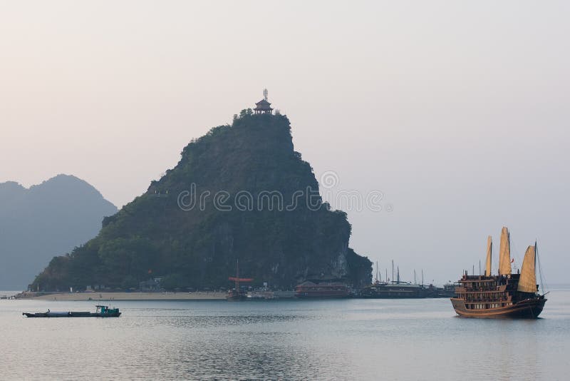 Boat and Islands in Halong Bay, Northern Vietnam