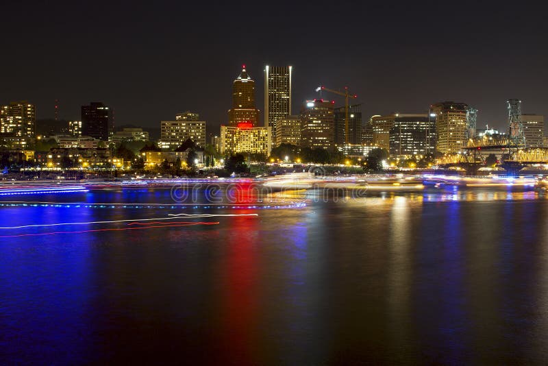 Boat Light Trails on River in Portland Oregon