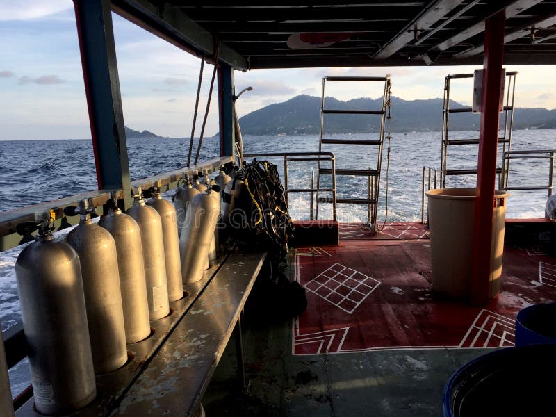 Boat Sailing in Thai Islands with Scuba Diving Tanks on One Side Stock Photo Image of extreme