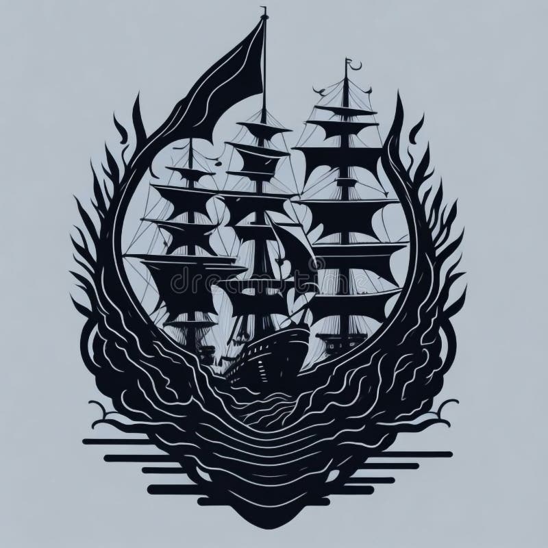 Boat Sailor Sailboat Ships Monochrome Tattoo Design 1