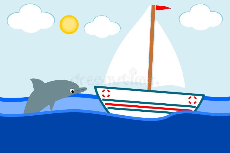 Boat in the sea and the smiling dolphin royalty free illustration Boat in the sea and the smiling dolphin royalty free illustration