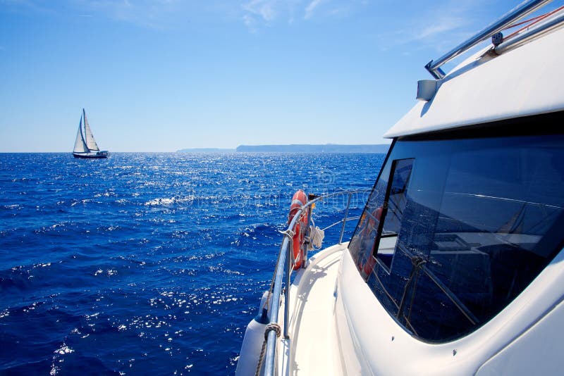 Boat Side View of Blue Ocean with Sailboat Stock Photo - Image of ...